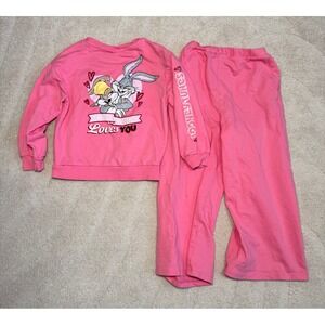 VTG Looney Tunes Pink Bugs Bunny Lola Sweatshirt Wide Leg Pants Set Girls 6-7